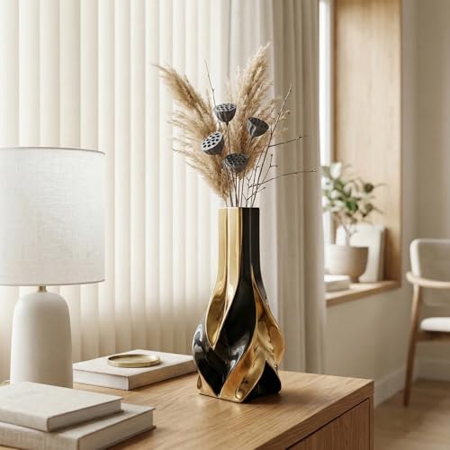 10.6 Black and Gold Ceramic Vase, Modern Geometric Flower Vase for Dining Table Centerpiece, Elegant Decorative Vase for Pampas Grass, Living Room, Bedroom, Office, Tabletop Decoration